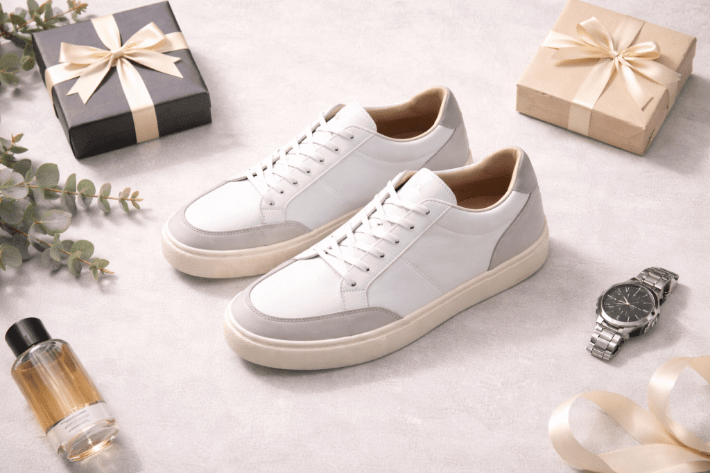 Flat lay of white and gray sneakers with gift boxes, a wristwatch, a cologne bottle, ribbon, and greenery accents.