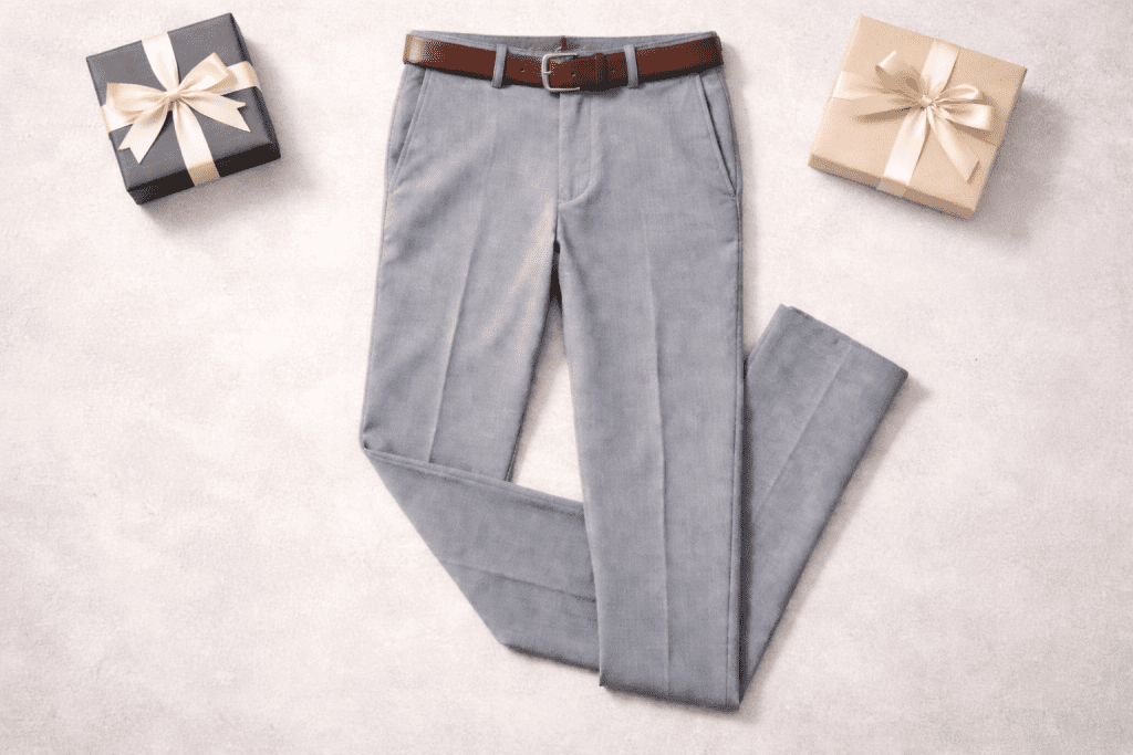 Flat lay of light gray dress pants with a brown belt, neatly styled between two ribbon-wrapped gift boxes.