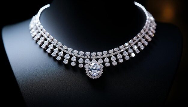 Elegant diamond choker with layered teardrop stones and a central heart-shaped pendant on black display.
