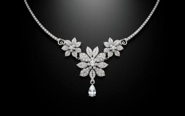 Floral diamond necklace with marquise petals and a dangling teardrop pendant on black background.