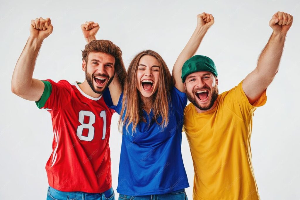 Three cheering sports fans in colorful jerseys raising fists and celebrating victory.