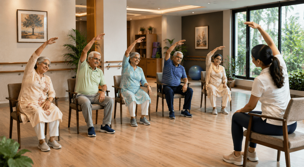 seniors doing chair yoga in a wellness room with instructor and natural light