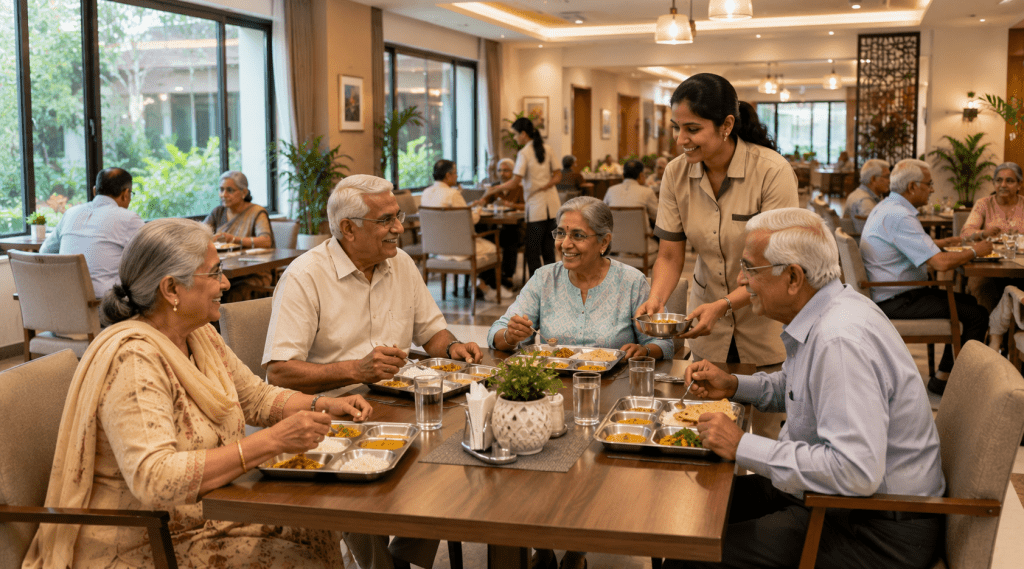 seniors enjoying meal together in modern dining hall with caregiver serving food
