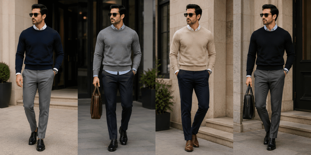 Men wearing lightweight sweaters over collared shirts with tailored formal trousers and leather shoes in smart office style looks