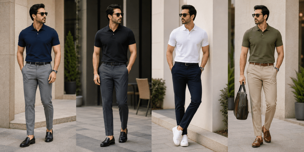 Stylish men wearing solid polo shirts with tailored formal pants, loafers, and sneakers in smart casual looks outdoors